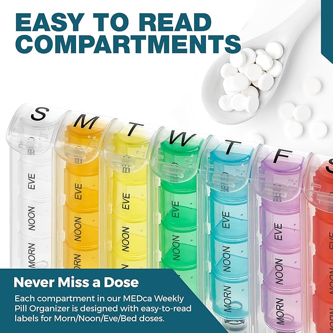 Weekly Pill Organizer - Pill Planners for Pills and Vitamins Day Week, 4 Times-a-Day Medication Reminder, AM PM Compartments Monday to Sunday for Travel or Purse (Case of 40)