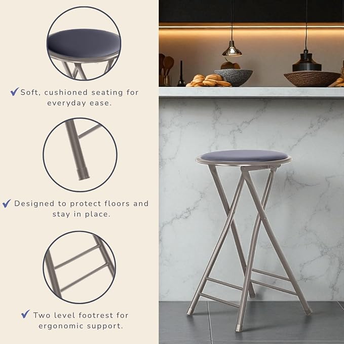 Lavish Home Folding Stool with Padded Backless Seat Set of 2, Gray, 24” | Counter Height Bar Stools with 225lb Capacity, Portable Indoor & Outdoor, Extra Seat for Kitchen, Rec Room or Camping