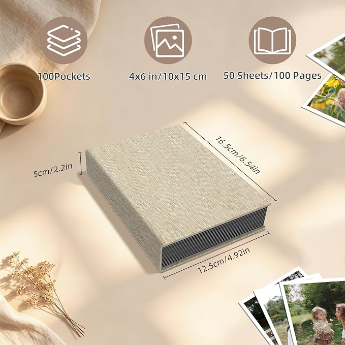 Popotop Photo Album 4x6 100 Pockets for Wedding Gifts,Linen Hardcover Picture Albums for Family Anniversary Baby Vacation Pictures
