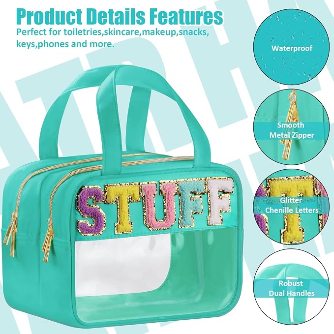 BuyCard Chenille Letter Clear Makeup Bags, Stuff Bag for Travel, Preppy Patch Nylon Cosmetic Bag with Handles and Zipper, Waterproof Large Clear Travel Toiletry Bag Storage Bag for Women