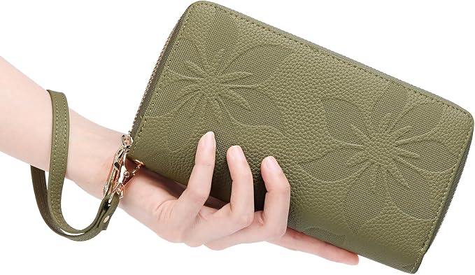 GOIACII Women's Wallet Large Capacity Double Zip Ladies Card Phone Holder RFID Blocking Wristlet Leather
