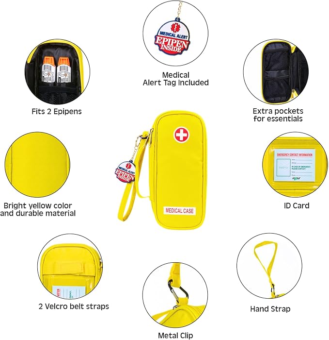 EpiPen Medical Carrying Case Insulated, Travel Medication Organizer Bag Emergency Medical Pouch, Fits 2 EpiPens, Asthma Inhaler, Anti-Histamine, Auvi-Q, Allergy Medicine Essentials, Bright Yellow