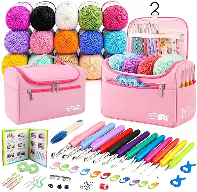 Yarniss Complete Crochet Kit for Beginner Adults, All in One Crochet Kit with 1120 Yards Yarn, 12 Ergonomic Crochet Hooks, Step by Step Video Tutorial, Pink