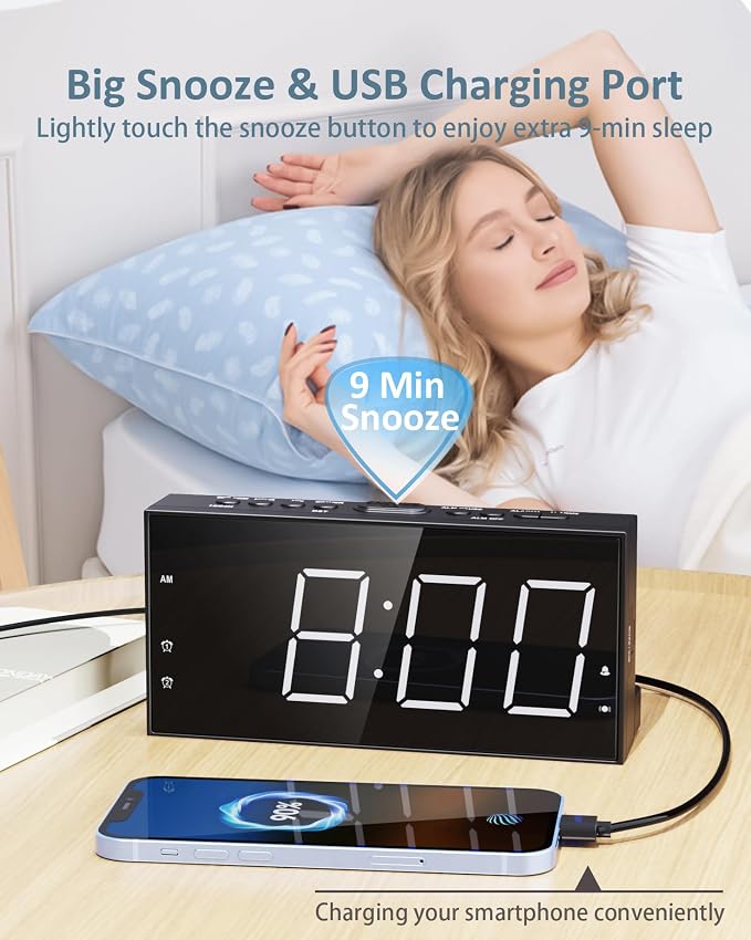 Roxicosly Alarm Clock for Heavy Sleepers with Bed Shaker, Dual Alarm Clock with USB Charger, 7.5" Large LED Display, Adjustable Brightness, Snooze, 12/24H & Battery Backup for Hard of Hearing/Deaf