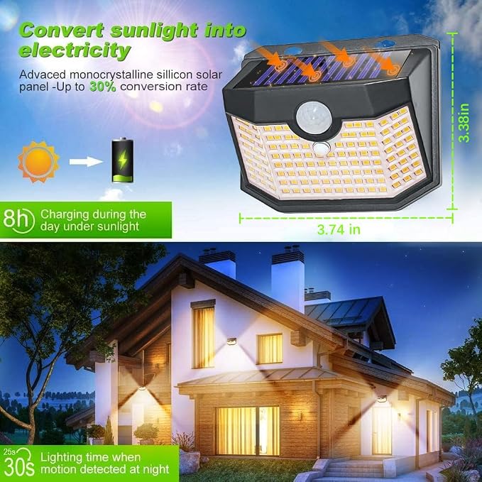 HMCITY 120 LED Solar Lights Outdoor Motion Sensor, 2 Pack, Black Warm | 3 Lighting Modes, IP65 Waterproof, Front Button Control, Wide Solar Wall Lights Ideal for Garden Patio Yard