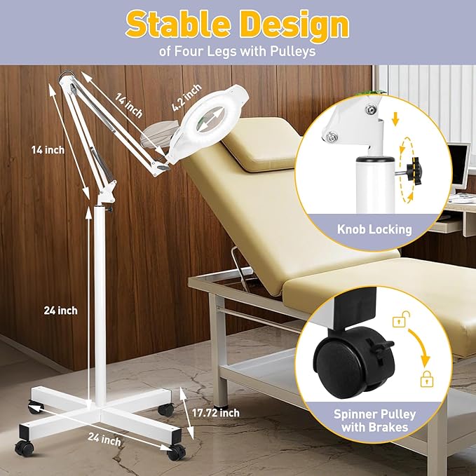 10X Magnifying Glass with Light and Stand, NUEYiO 2200 Lumen Stepless Dimmable Magnifying Floor Lamp, 2-in-1 Adjustable Metal Swing Arm Lighted Magnifier, Mag Lamp for Estheticians Crafts Facial