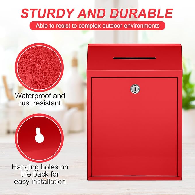 Yaocom Metal Money Box,Red,11.81 x 8.58 x 4.72 Inch,No Lid | Wall Mounted Drop Donation Cash Box for Farm Stand Collection Safe Suggestion Box with Lock Container for Home Office Outdoor