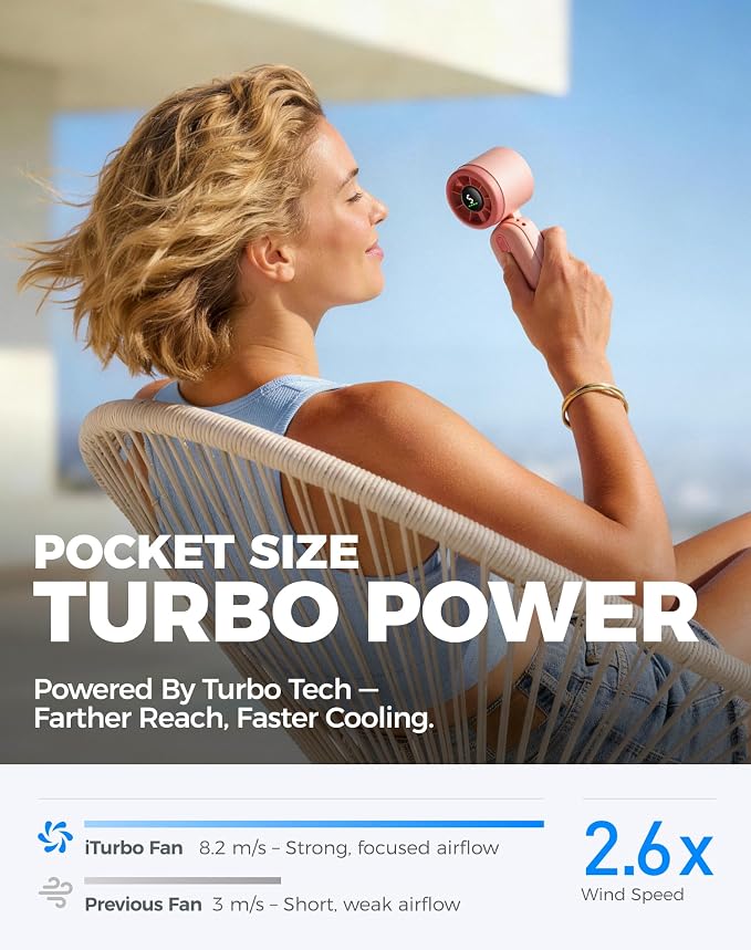 Diveblues Mini Portable Handheld Turbo Fan 27ft/s, 4000mAh Battery | 12H Max Cooling, 5 Speeds, LED Display, Quiet Motor, 3-in-1 Handheld/Neck/Desk Fan for Travel, Cruise & Disney Essentials