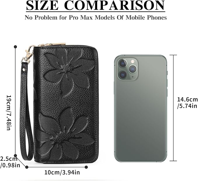 GOIACII Women's Wallet Large Capacity Double Zip Ladies Card Phone Holder RFID Blocking Wristlet Leather