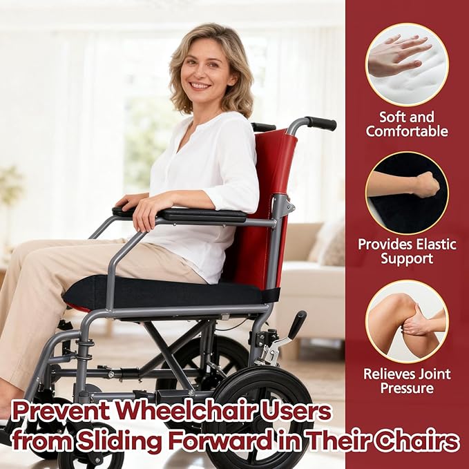Wedge Wheelchair Seat Cushion Velvet and High Density Foam Wheelchair Cushions with Adjustable Elastic Strap 16 * 18 * 2-4 Inch Chair Support for Wheelchair Office Car