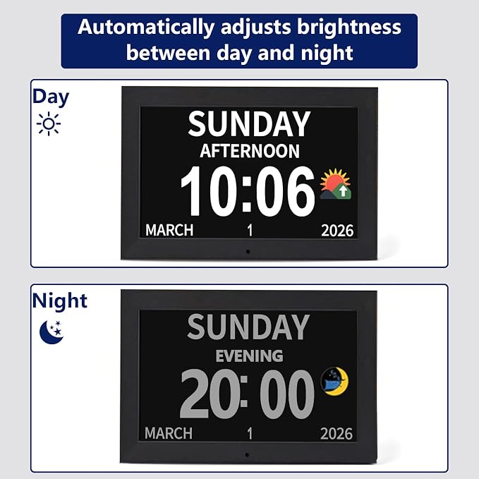 10.1 Inch Black Digital Dementia Clock, Large Display Calendar Clock, 15 Medication Reminders, Auto DST, Auto Brightness Adjustment, Equipped with Remote Control (10.1inch Black, Large)