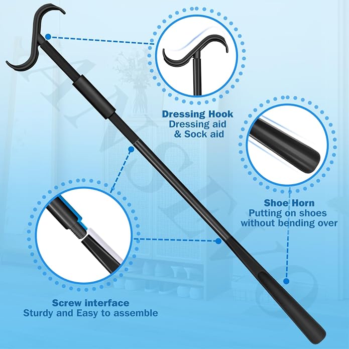 35 Inch Long Handle Shoe Horn for Seniors, Dressing Stick for Elderly, Sock Aids for Putting on Socks, Shirts, Shoes