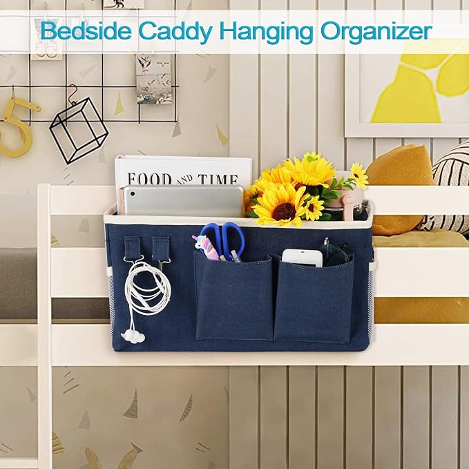 Bedside Caddy, Bedside Storage Bag Hanging Organizer for Bunk Dorm Bed Rail | Bed Caddy with Hooks, Top Bunks and Dorm Essentials for Water, Tissues, Tablets, Books, Phones, Remotes and Other Necessories