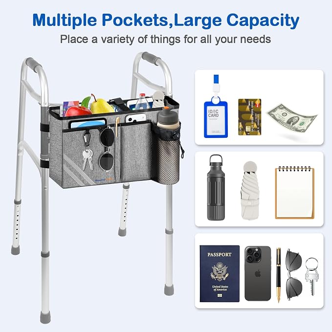 Walker Bag with Cup Holder, Foldable Walker Organizer, Large Capacity Storage with Reflective Strips, Water-Resistant Walker Pouch (Grey)