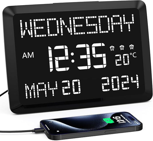 11.5” Extra Large Digital Wall Clock with Date and Day of Week , Electric Desk Clock for Seniors, Large Display Alarm Clock for Bedroom with Battery Backup, 5 Dimmer, 2 USB Ports, Indoor Temp, 12/24H