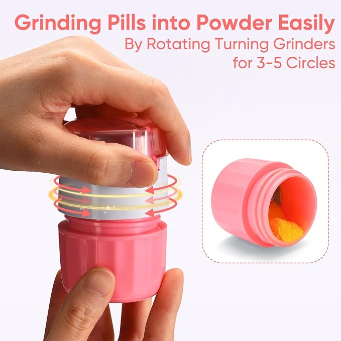 3-in-1 Pill Crusher and Pill Cutter, Pills Crusher Fine Powder with Stainless Steel Grinding Head, Pil Grinder with Storage for Tablets, Cutter Splitter for Small and Tiny Pills (Pink)