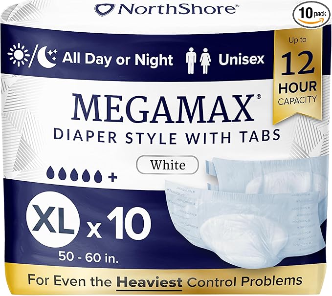 NorthShore MegaMax 12-Hour HBL Adult Diapers for Heavy Bladder Leaks, X-Large, 10 Count, White, 50-60 inches, Tab-Style Incontinence Underwear for Men, Women & Teens