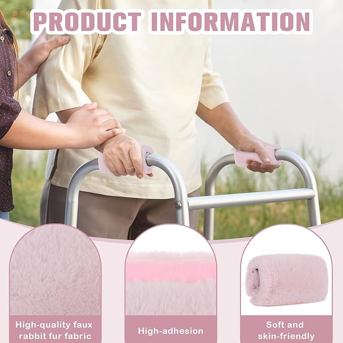 2 Pcs Walker Handle Cushions Fluffy Walker Hand Pads Universal Padded Rollator Hand Cover for Folding Rolling Wheelchair, Senior, Elderly Grippers, with 2 Extra Foam Pads(Pink)