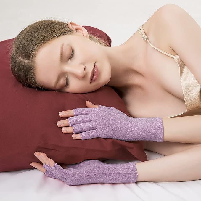2 Pairs Arthritis Gloves Fingerless Compression Gloves for Relieve Hand Pain, Rheumatoid, Osteoarthritis, Tendonitis, Carpal Tunnel for Women and Men to Daily Work (Purple, Large)