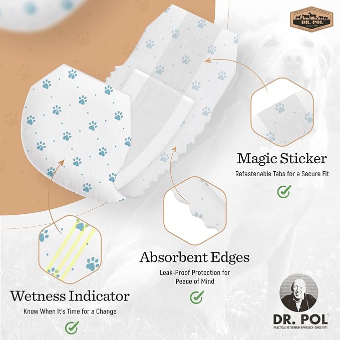 Dr. Pol Male Dog Diapers, Belly Bands, Small (12–19" Waist), 50 Count