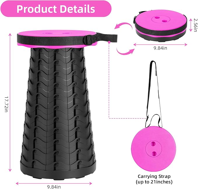 Qiguet Collapsible Folding Chair - Upgraded Portable Chair with 400lbs Load Capacity, Perfect for Camping, Fishing, Hiking - Folding Stool with Carrying Straps, Gifts for Fisherman (Pink)
