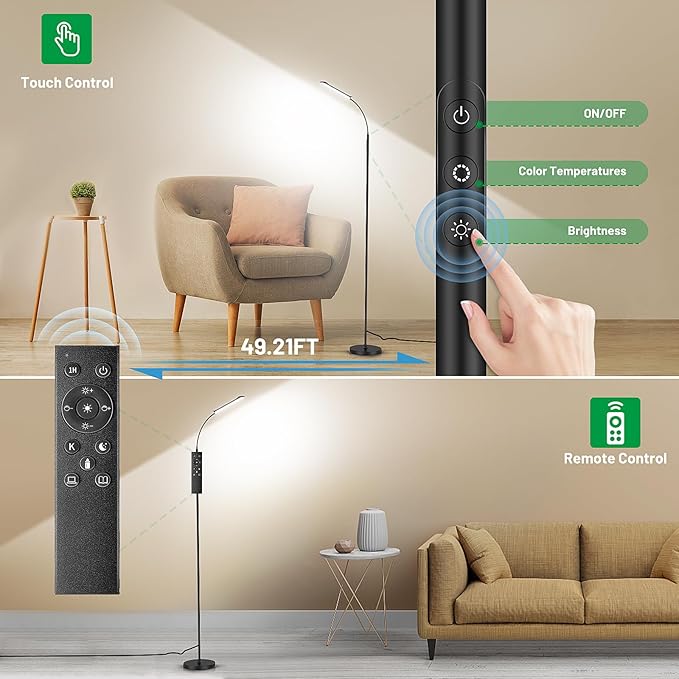 Dimmable LED Floor Lamp, Super Bright Reading Lamps Floor Standing lamp with Remote & Touch Control, Stepless Dimming & 2700K-6500K Color Temperature, for Living Room Bedroom Office, Black