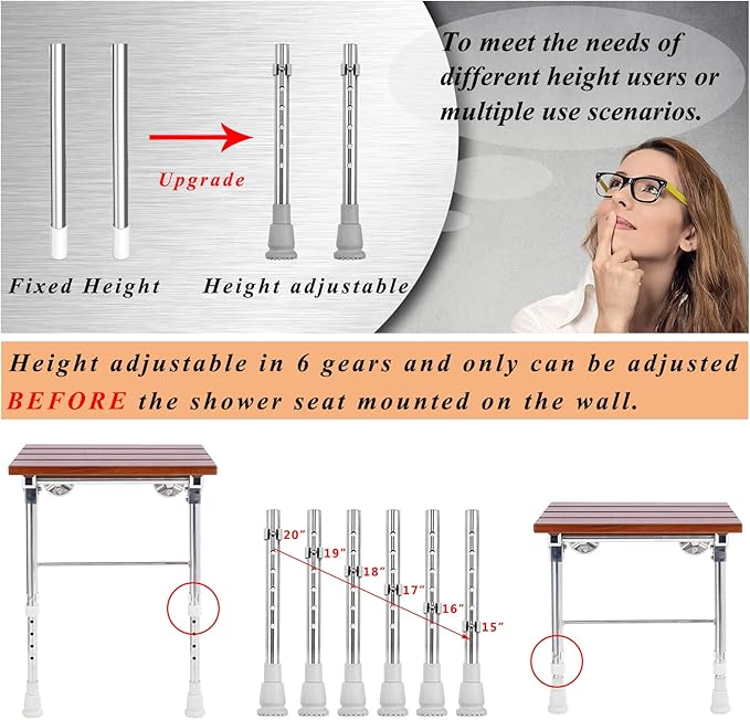 Folding Shower Seat Wall Mounted with Legs, Shower Seat Benches Stool Chair for Inside Shower, Fold Down Shower Seat for Seniors Small Shower Space, Foldable Fold up Waterproof Wood Height Adjustable