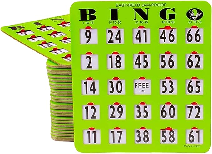 MR CHIPS Jam-Proof Easy-Read Large Print Fingertip Bingo Cards with Sliding Windows 200 Pack in Green Style
