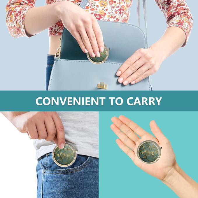 Pill Case Pill Box with Mirror Retro 3 Compartment Small Pill Case for Purse or Pocket Bronze Small Roud Pill Box or Vitamins, Fish Oil, Supplements, Pill Containe Travel Gifts（Vintage Floral）