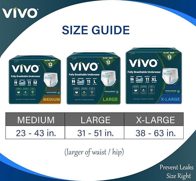 VIVO Organic Cotton Sensitive Skin Overnight Adult Incontinence Pullup Underwear, Women & Men, Large 22 Count