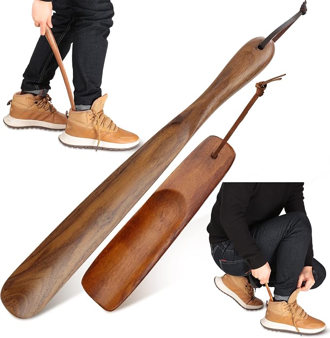 2 Pcs Wood Wear Shoe Horn Helper Long and Short Shoe Horn Handle for Seniors Men Women Pregnancy