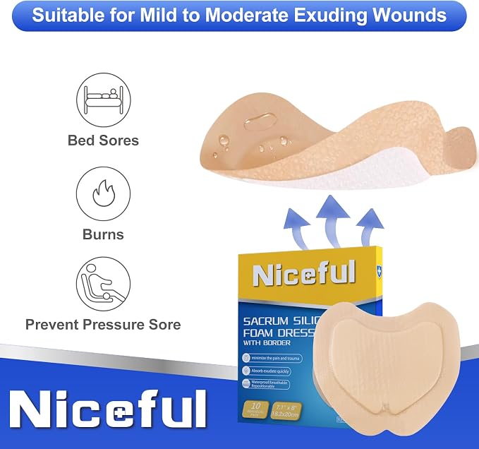 Sacral Foam Dressing 7.1" x 8" (10 Count), Sacrum Silicone Foam Dressing with Border, Bed Sore Bandages Large Wound Care Pads