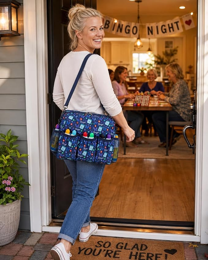 Bingo Bag with Pockets for Daubers Dabbers Navy Blue Bolsa para Bingo | Casino Bingo Game Accessories for Adults Bolsa de Bingo con Bolsillos