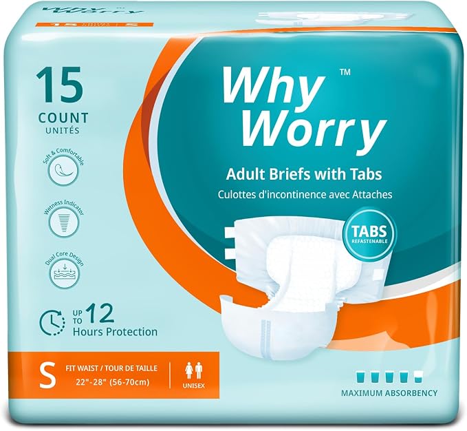WhyWorry Adult Diapers with Tabs, Maximum Absorbency, Small, 15 Count | Disposable Incontinence Briefs, for Women & Men, Leak-Proof Diaper, Overnight Protection, Odor Control, Unisex
