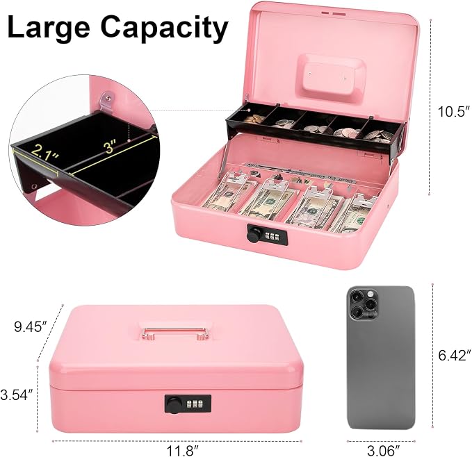 Jssmst Cash Box with Money Tray and Lock - Pink Cash Box with Combination Lock Safe Large, Locking Cash Register Drawer Box for Money, 11.8'' x 9.5'' x 3.5'', SM-CB005PC