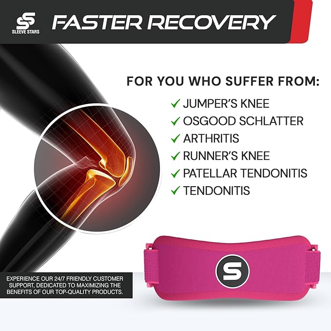 SLEEVE STARS Swedish Brand Patellar Tendon Support Strap for Women & Men Effective Osgood Schlatter Knee Brace Youth & Kids Knee Brace with 3 Adjustable Length fits 12"-24" (Pair/Hot Pink/Adult)