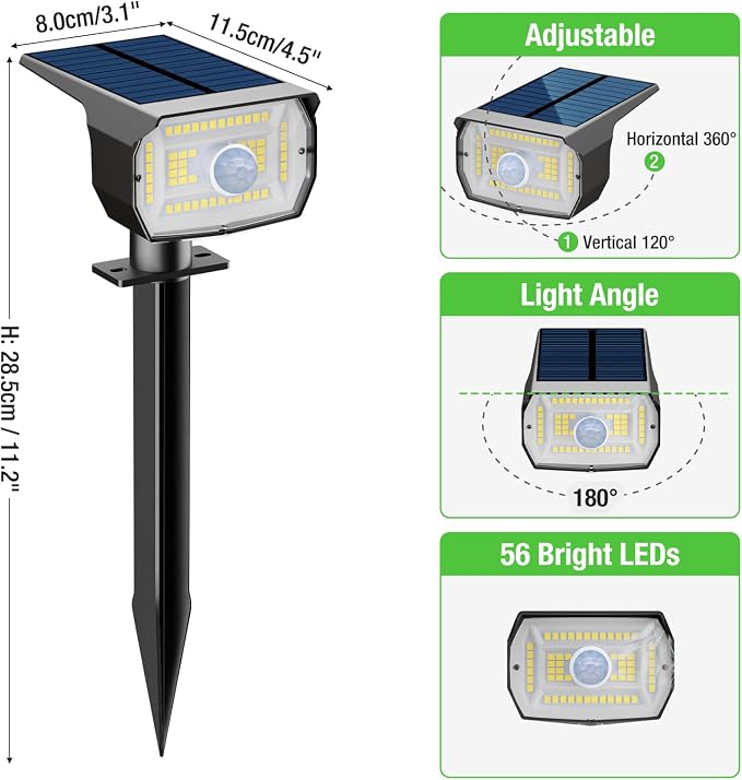 nipify Solar Lights Outdoor Waterproof, Motion Sensor Spot Landscape Light | 12 Pack/3 Modes/56 LED, Cool White, Waterproof, Solar Powered, Landscaping, Lighting for Outside Pathway Yard Garden Walkway