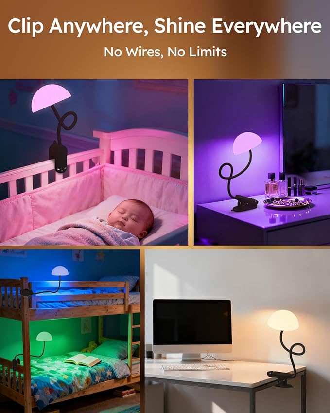 Cordless Clip On Lamp, Touch Control Desk Lamp with RGB Ambient Mode & 3000K–6000K, Rechargeable Dimmable Book Reading Light with Flexible Arm Sturdy Clamp On Table Bedside Headboard, Battery Operated