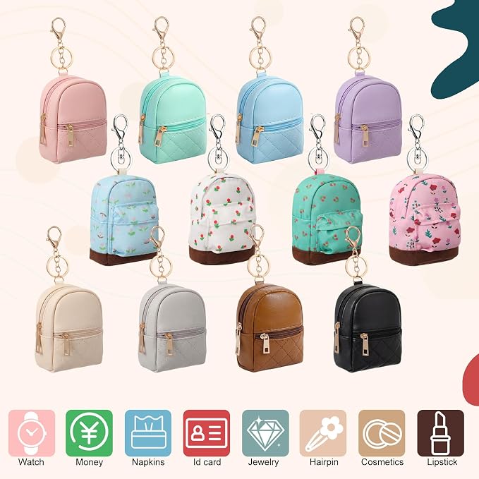 Hsei 16 Pcs Mini Backpack Keychain Coin Purse Tiny Key Chain Cute Cosmetic Bag Change Pouch Wallets Mini Gifts for Women Multi Pocket Card Holder Small Items Cable Organizer Zipper Pouch (Color Mix)