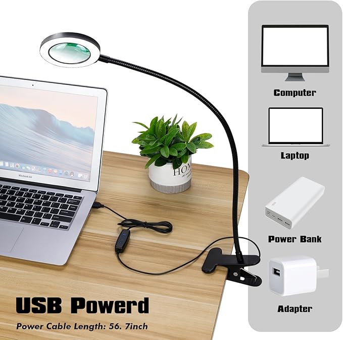 Magnifying Glasses with Light, 10x Clip on Desk Lamp with Magnifier | 3 Color Modes with 10 Brightness Levels, Flexible Gooseneck LED Eye-Caring Craft Light for Home Office Reading Study