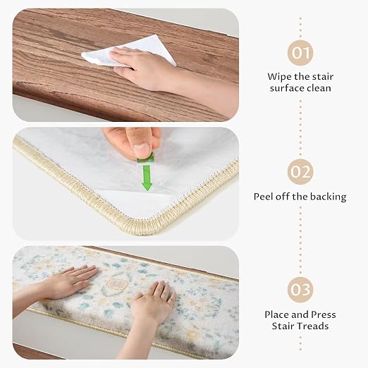RORA Bullnose Stair Treads for Wooden Steps, Non Slip Stair Carpet 14pcs | Washable, Self-Adhesive, Floral Stair Rug Runner with Edge Protection for Indoor, Pets & Elder, 29.5 x 9.5x 1.7, Beige