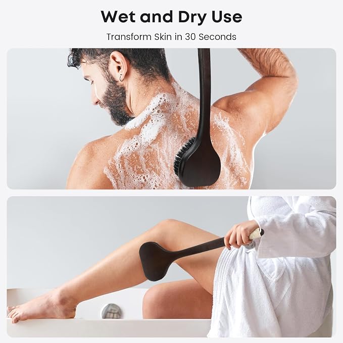 eaxun 17.3 Inches Bamboo Back Scrubber with Curved Long Handle for Shower | Exfoliating Shower Brush with Natural Boar Bristles for Men and Women, Anti-Slip Grip Back Washer for Bath or Dry Brushing