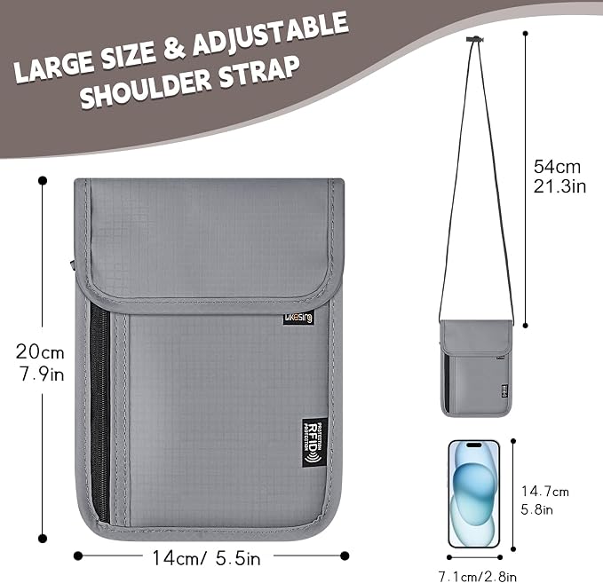 Likesing 5.5" L x 7.9" W Travel Neck Wallet, RFID Passport Pouch-Light Grey | RFID Blocking Passport Holder for Travel, Security Lightweight Passport Travel Wallet, Neck Pouch Gifts for Women Men