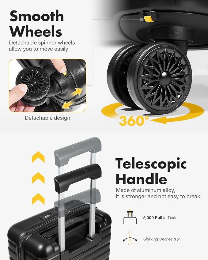 Lekesky 18 Inch Expandable Carry On Luggage Airline Approved, Hard Shell Suitcase with TSA Lock, Lightweight Spinner Wheels for Travel Weekend Trips Men Women, Black