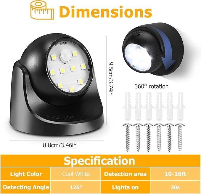 Motion Sensor Outdoor Lights - Outdoor Motion Sensor Light Battery Operated Wireless Spotlight Motion Detector Security Light Auto On Off for Sheltered Porch Stair Hallway Garage Wall Shed (2 Pack)