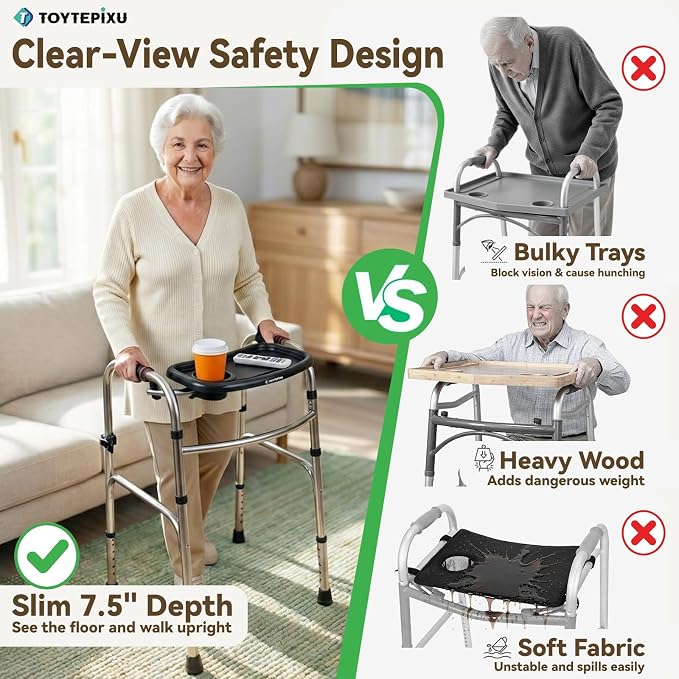 Slim Walker Tray Attachment for Seniors, Black | Front-Mount Compact Caddy, Cup Holder & Phone Slot, Fits 0.6"-1.4" Round Tube, Clear-View Organizer, 5 lbs Capacity