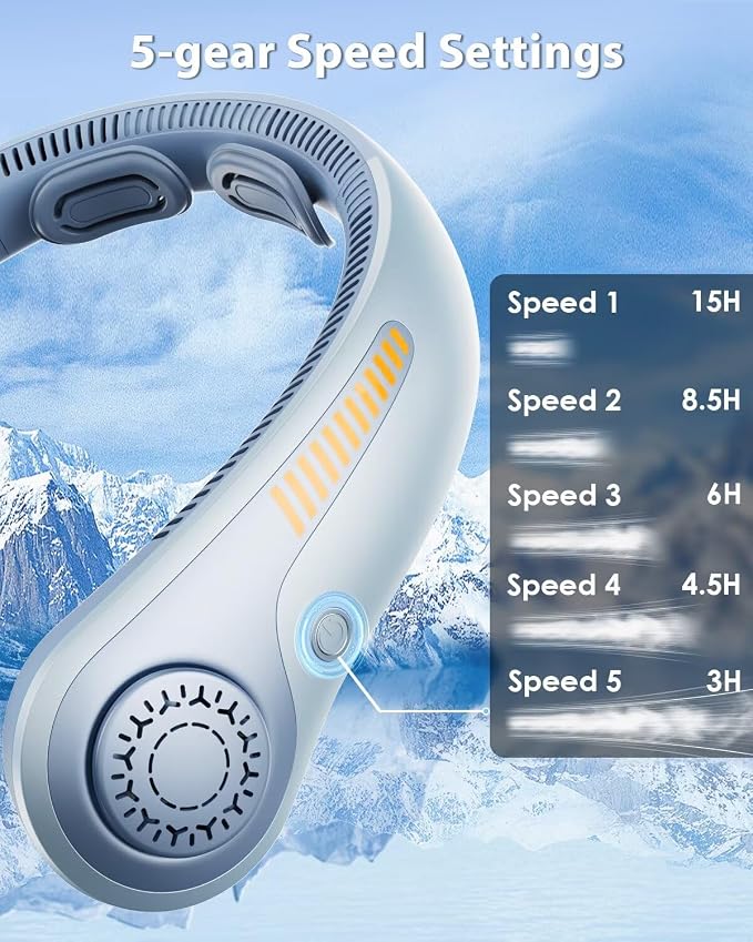 Portable Neck Fan Rechargeable Wearable Personal Fan Blow Cold Air, 5 Speeds, USB Battery, Neck Cooler with Neckbrace, Gift for Men Women, Sports, Gardening, Home, Outdoors, Travel, Camping