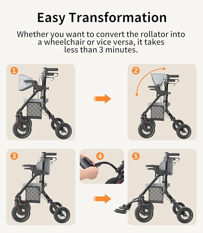 VOCIC Rollator-Walkers-for-Seniors-with-Seat, Walker Wheelchair Combo, Transport-Wheelchair-Lightweight-Foldable, Adult Walkers All Terrain, 2 in 1 Rolling Walker Chair with Brakes & Pouch