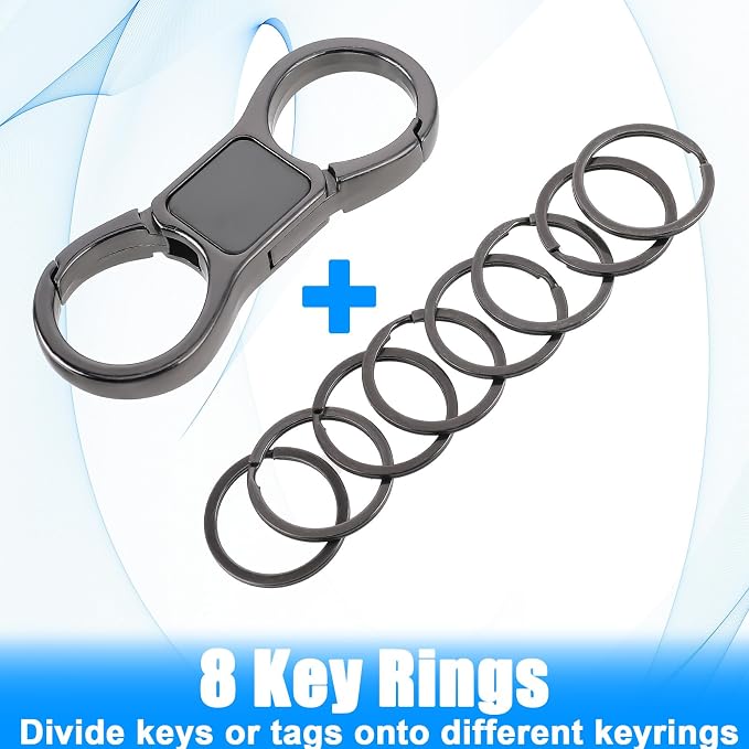 Styquenzer 2 Pcs Heavy Duty Key Chain with 8 Pcs Stainless Key Rings, Detachable, Organizer for Multiple Keys, Black, Unisex Adult
