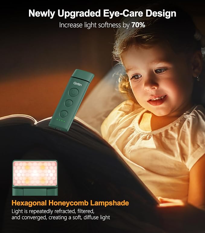 Gritin Book Light Rechargeable, Clip on LED Reading Light for Books in Bed | Eye Caring 3-Color & 5-Brightness, Stepless Dimming, Long Lasting, Compact Size Flexible Book Lamp for Bookworms-Dark green